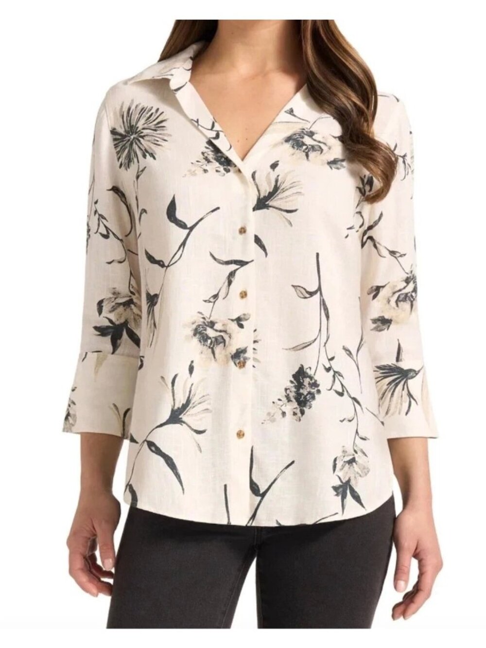 NWT Matty M Women's M Natural Floral Print Linen Blend Button-Up Shirt B1635